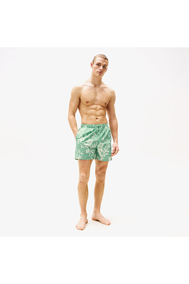 Medium Drawstring Print Erkek Yeşil Mayo Şort - 4