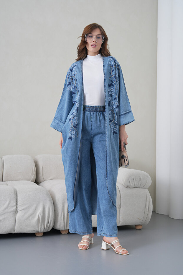 Women's Front Embroidered Beaded Denim Kimono Cardigan and Jeans Two-Piece Set