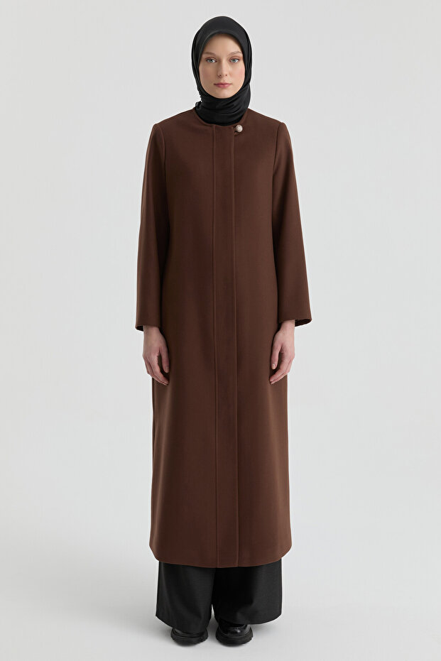 Gizli Pat Düğmeli Basic Manto - Kahve - 1