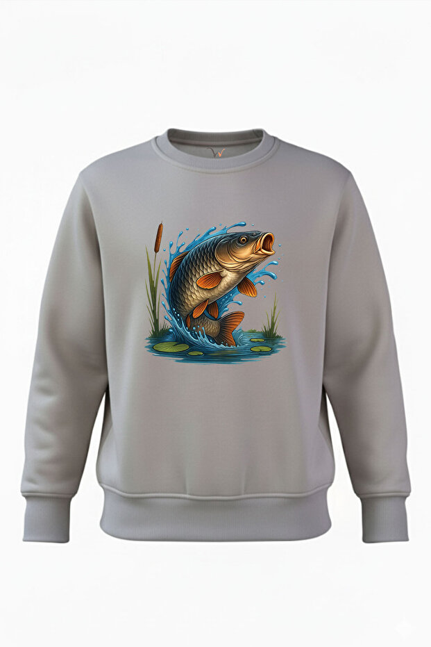 Outdoor Fishing Carp Fish Printed 100% Cotton Regular Fit Crew Neck 3 Thread Winter Sweatshirt