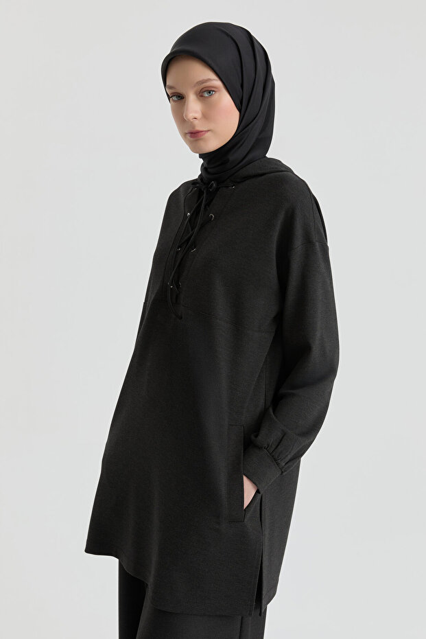 Deri Kombinli Örme Sweat - Antrasit - 4