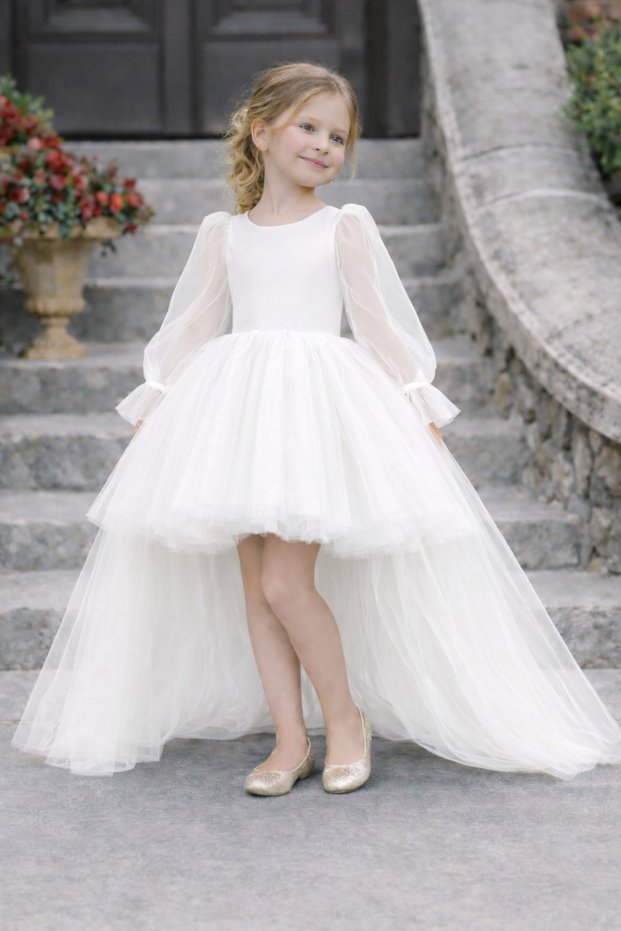 Girl's White Tulle Dress with Long Tail Princess Model, Graduation Birthday Dress
