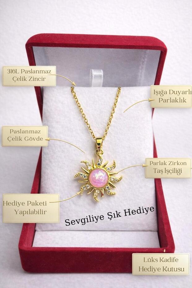 Stainless Steel Sun Figured Necklace – Zircon Stone, Women's Necklace with Velvet Box