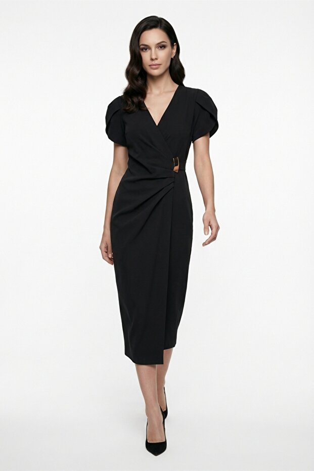 Women's Black Double-Breasted Collar Accessory Detail Midi Event Dress