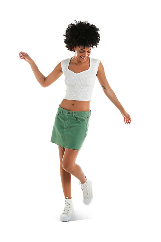 Women Green Denim Mini Skirt+E39