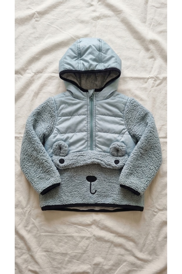 Children's Blue Hooded Plush Teddy Bear Figured Zippered Winter Sweatshirt Coat