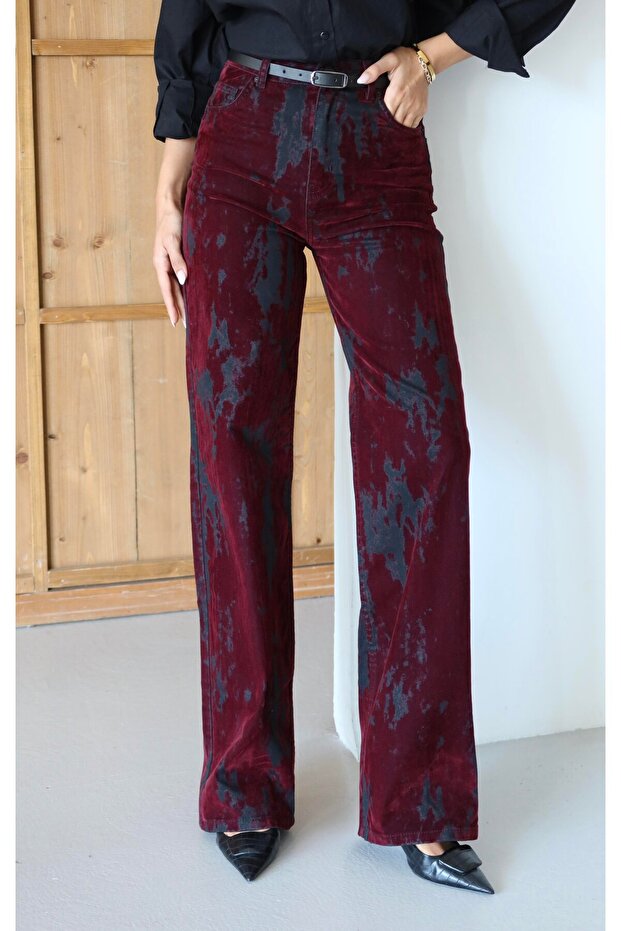 High Waist Flock Printed Black Burgundy Jean Trousers