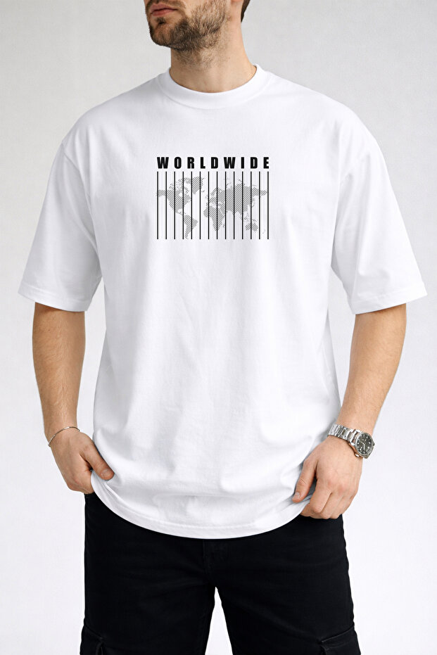 Men's World Map and Vertical Line Design Crew Neck White T-Shirt