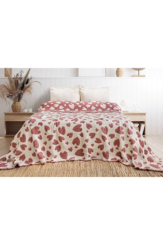 Muslin Quilt with Pink Hearts, Single Size, Lover's Quilt, Sofa Cover