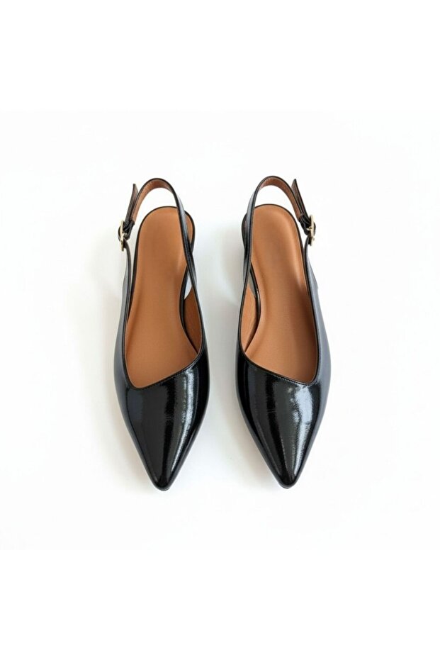 Black Patent Leather Pointed Toe Buckle Women's Ballerinas