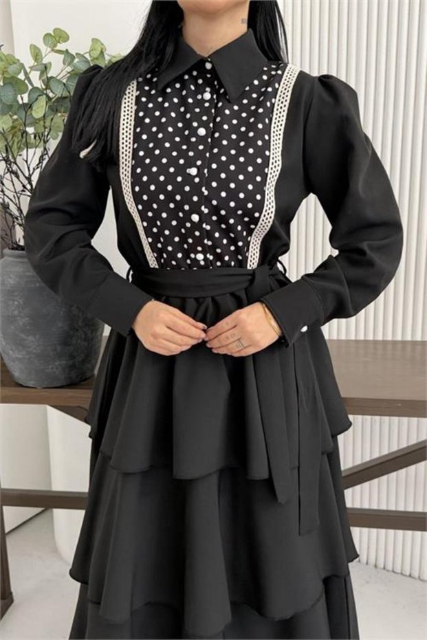 Women's Black Shirt Collar Lace Detailed Layered Design Dress