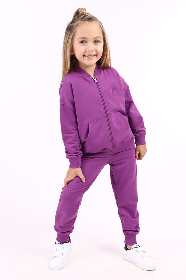 Girl's 2-Piece Set: College Collar Zippered Pocket Sweatshirt & Ribbed Waistband Pocket Jogg