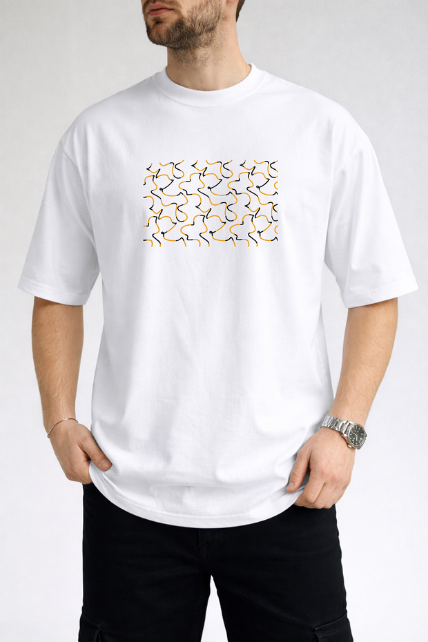 Men's Abstract Linear Design Crew Neck White T-Shirt
