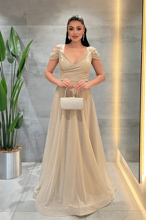 Glitter Fabric Boat Neck Evening Dress - Gold
