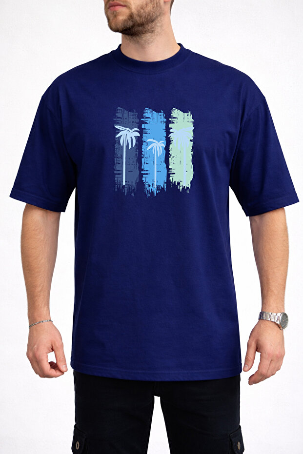 Men's Three Block Palm Print Crew Neck Navy Blue T-Shirt