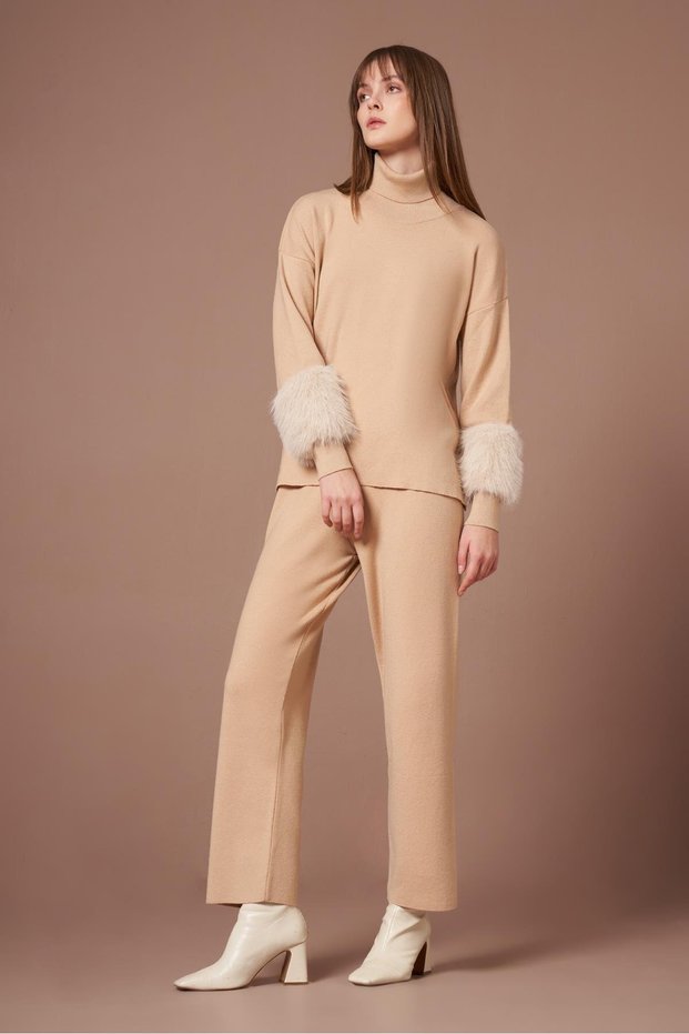 Women's Fur Detailed Knitwear Double Set Beige 25303