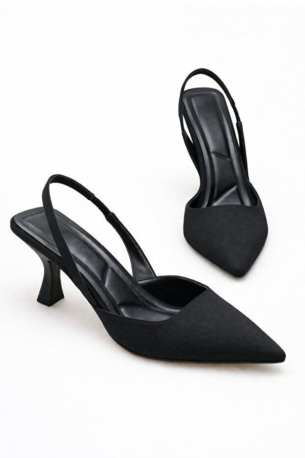 Avira Black Thin Heeled Elastic Back Strap Stiletto Women's Heeled Shoes