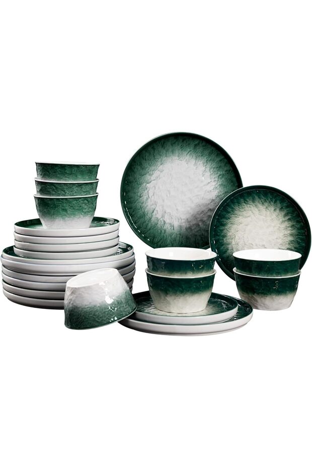 Set of 12 Ombre Green Ceramic Plates and Bowls - Microwave, Dishwasher, Oven Safe Tableware
