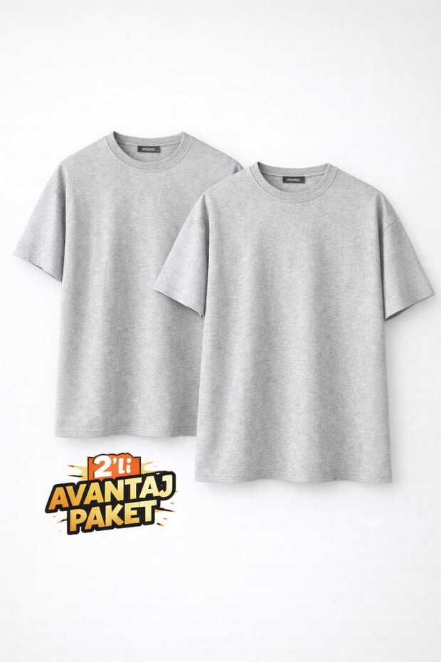 Basic T-Shirt Light Gray Melange 2-Piece Advantage Set Cotton Fabric Regular Fit Men/Unisex