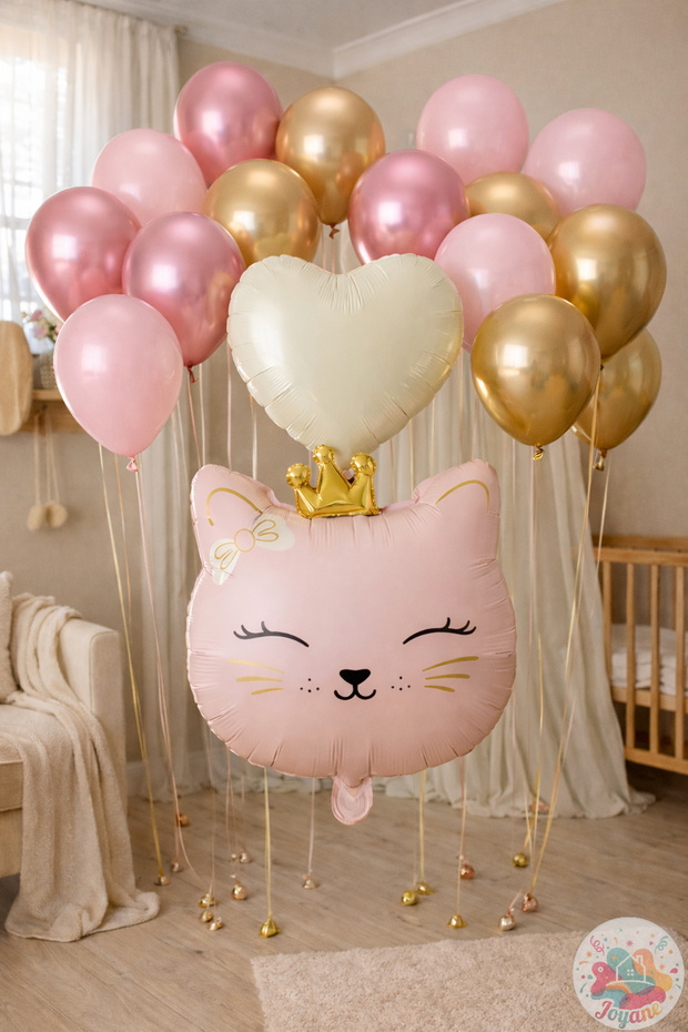 Cat Head Pink Foil Balloon Set – Beige Heart & Gold Macaron Pink Balloons