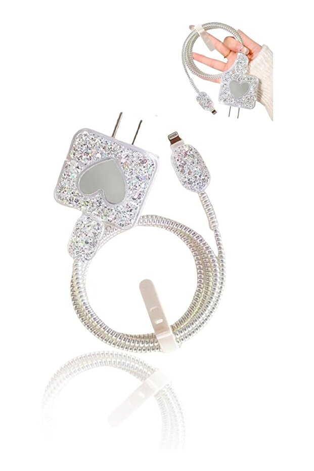 DIY Cable Protector Compatible for Apple iPhone, Mirror Bling Love Heart Design, USB Data Line Case,