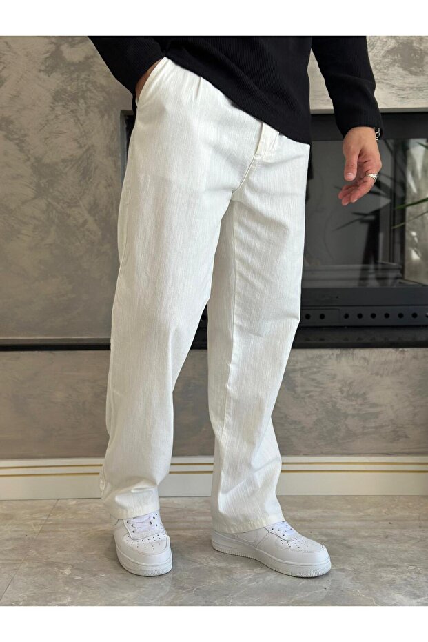 Men's Pleated Relaxed Fit Linen Trousers White Eca028