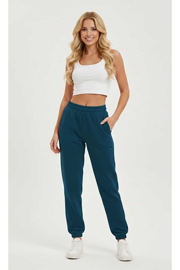 Unisex Women's Petrol Blue Elasticated Sweatpants - Sportswear