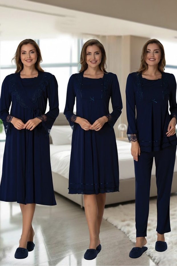 Women's Navy Blue Stylish Long Sleeve Maternity Nightgown Pajama Set with Easy Breastfeeding Feature