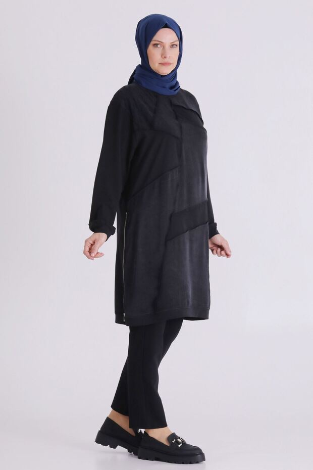 تونيك إسلامي بتفاصيل مرقعة وياقة دائرية مقاس كبير 20137 - 2