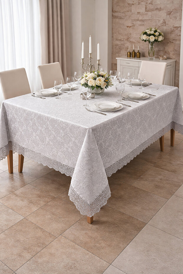 160-220 cm Stain-Resistant Tablecloth with Lace-Edged Edges