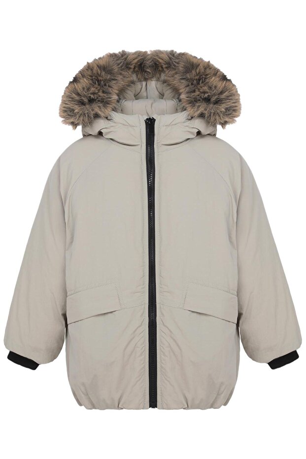 Fur Hooded Coat for 2-5 Years - Beige 3-4 Years