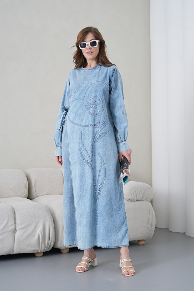 Women's Front Sequin Embroidered Side Tie Wide Fit Long Denim Dress