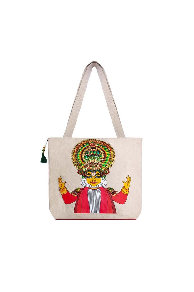 Kathakali Art Canvas Tote Bag for Women, Ethnic Cultural Shoulder Handbag with Beadwork, Traditional Indian Art Bag, Stylish Everyday Tote for Work, College & Travel