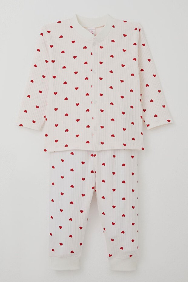 Baby Girl Pajama Set with Heart Pattern and Snap Fasteners on the Front, 4 Months-1 Year, Ecru