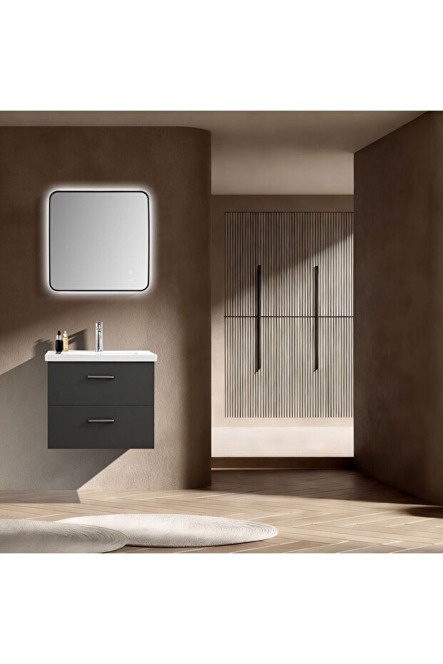Luxe Burj Vanity, Grey Plywood Bathroom Vanity with Mirror/Ceramic Basin, 600x460x520mm