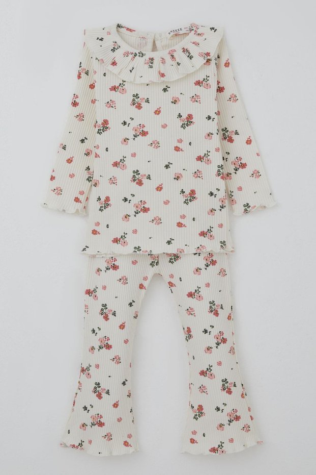 Baby Girl Tights Set with Floral Pattern and Ruffle Detail on the Collar, 6 Months-2 Years, Ecru