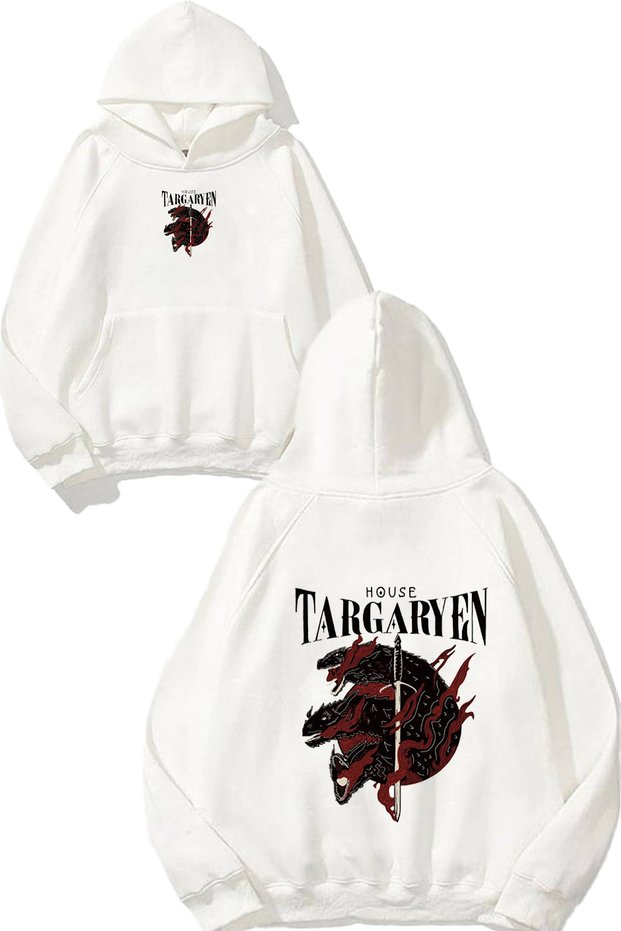 House Targaryen Design Printed Oversized White Hooded Sweatshirt