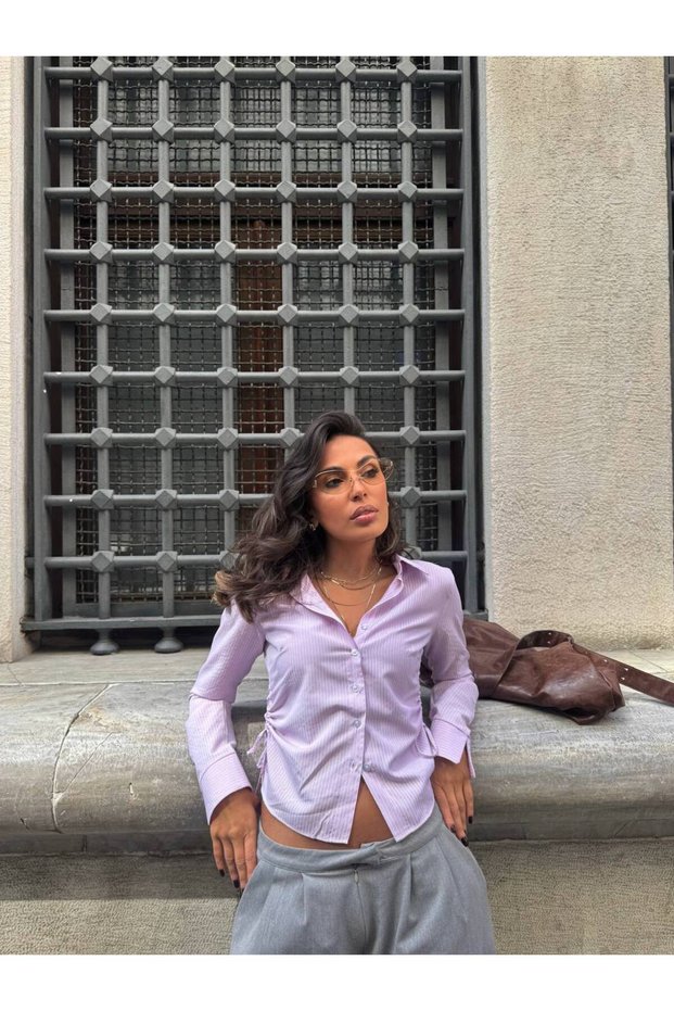 Women's Pink Striped Shirt with Side Gather Detail