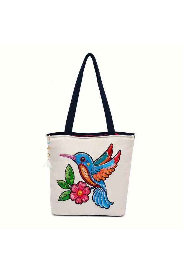 Artistic Bird Flower Canvas Tote Bag for Women, Floral Design Handbag, Artistic Print Stylish Shoulder Bag, Everyday Shopping Tote