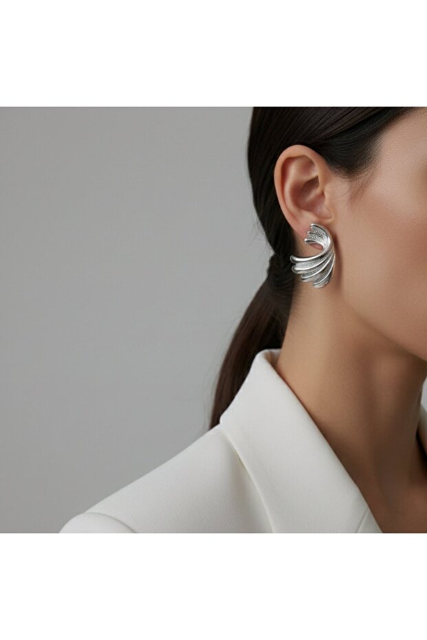 Women's Silver Color Layered Wing Shaped Modern Earrings