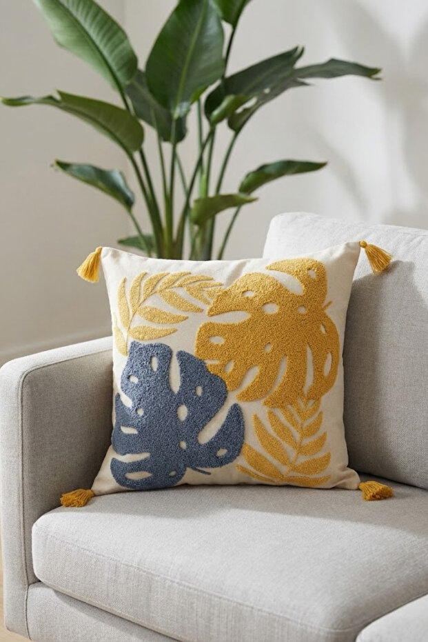 Decorative Punch Embroidered Tassel Cushion Cover 42X42 cm