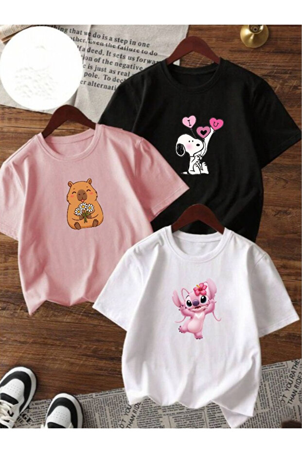 Children's Snoopy&Capybara&Angel Printed 3-Piece T-Shirt Set