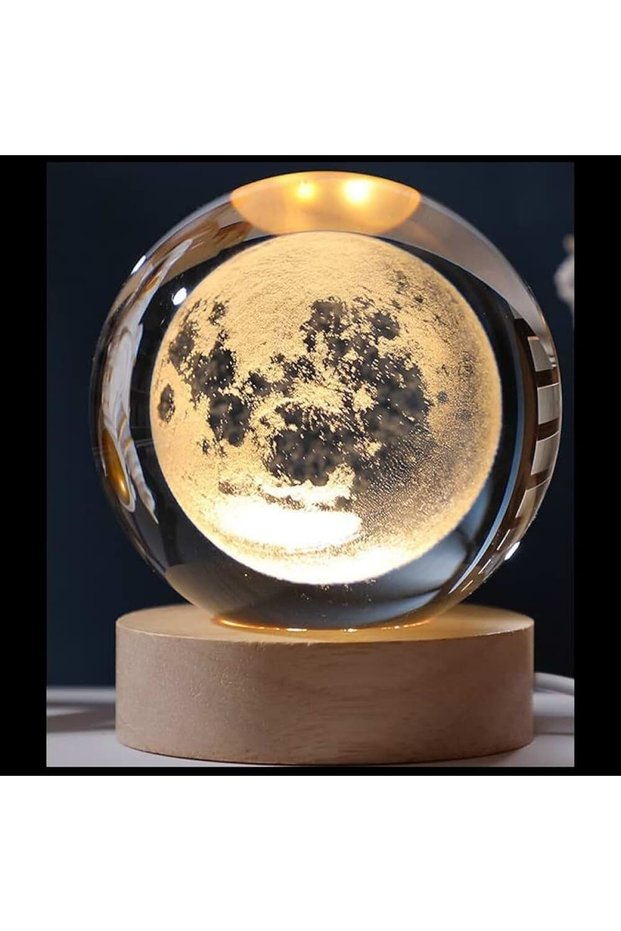 Decorative Full Moon Design Illuminated Glass Globe with Wooden Base Large Size 8 cm Mz4-2323