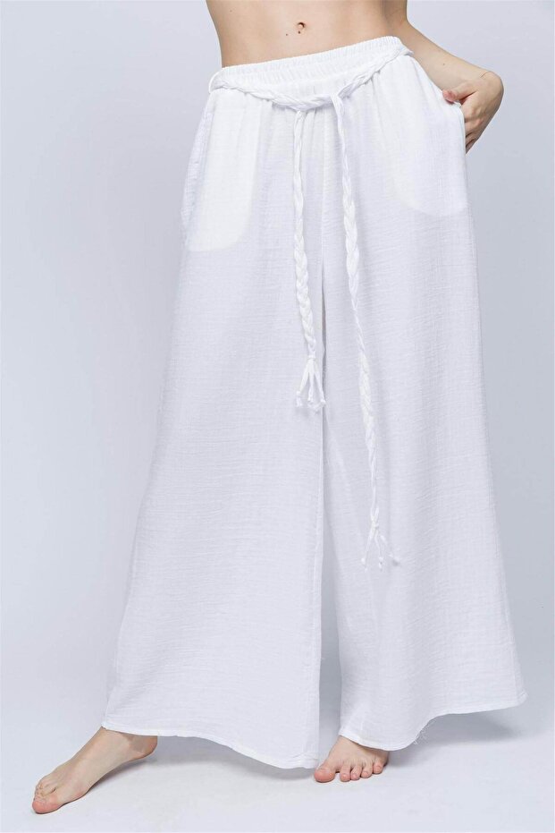 Women's White Belted Wide Leg Pants