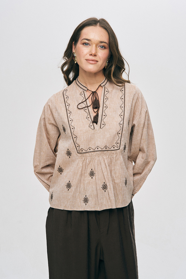 Women's Geometric Embroidered and Tassel Detailed Light Brown Blouse