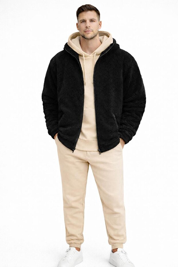 Men's 3 Threaded Sweatpants Set + Zippered Plush Jacket 3-Piece Combination