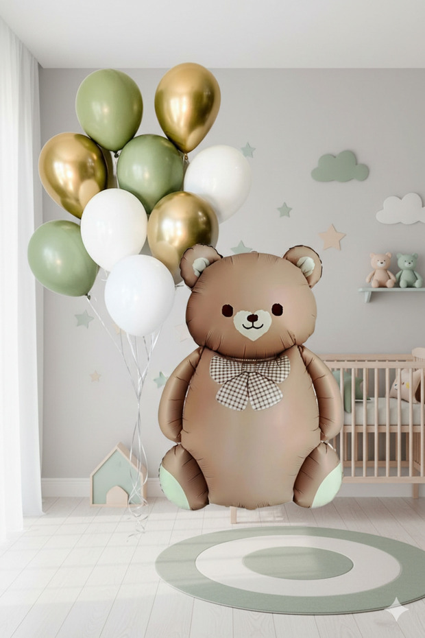 Brown Teddy Bear Foil Balloon with Bow Tie & Olive Green – Gold Latex Balloon Set