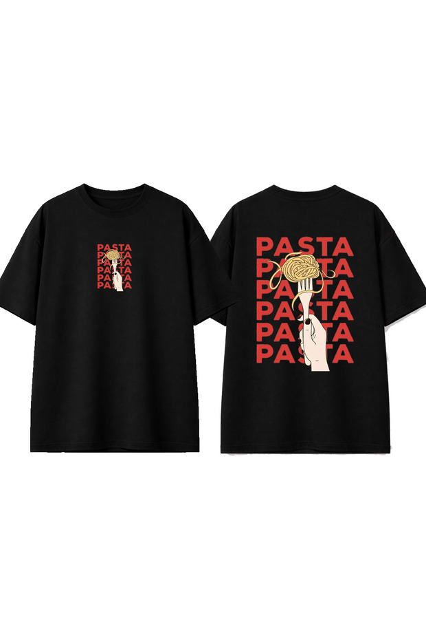 Pasta Hand Design Printed Black Oversize T-Shirt