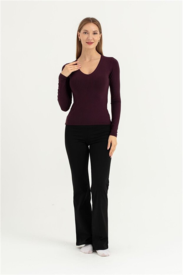 Women's Burgundy V-Neck Long Sleeve Badi