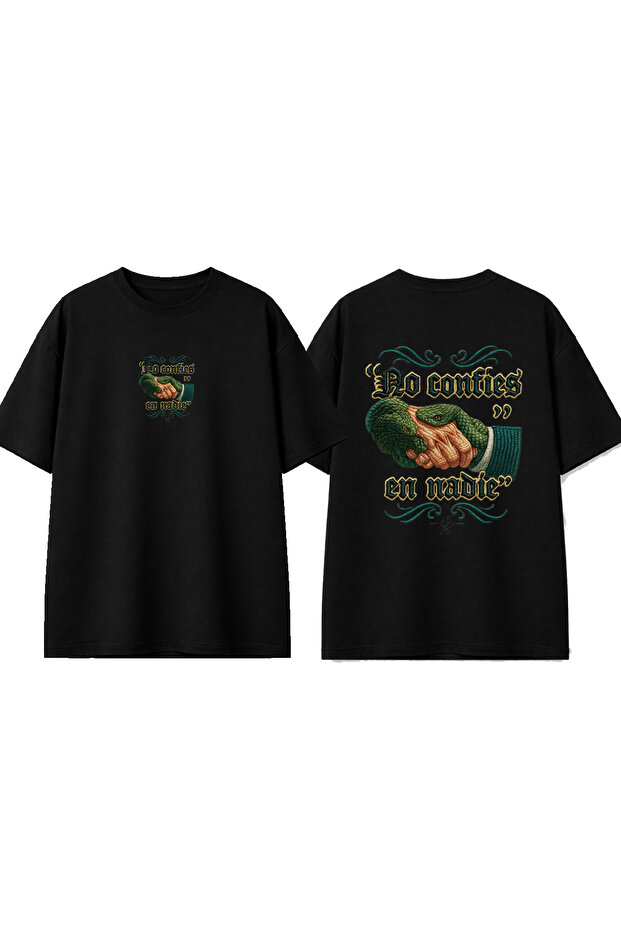 Handshake Snake Design Printed Black Oversize T-Shirt